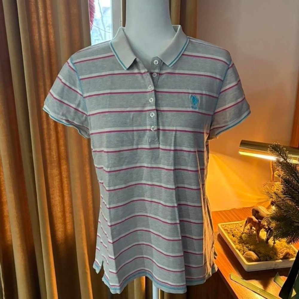 00s/Y2K US Polo Assn Womens XL Polo Shirt Grey Pink Striped Cotton Short Sleeve